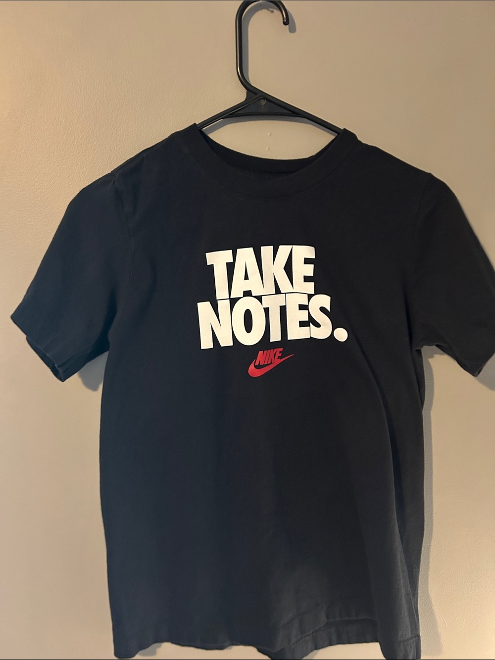 Nike Black Tee with White "TAKE NOTES." and Red Swoosh - Youth Large